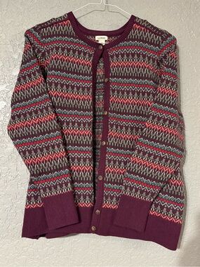 L.L. Bean Cotton Cashmere Maroon Fair Isle Button-Up Cardigan
